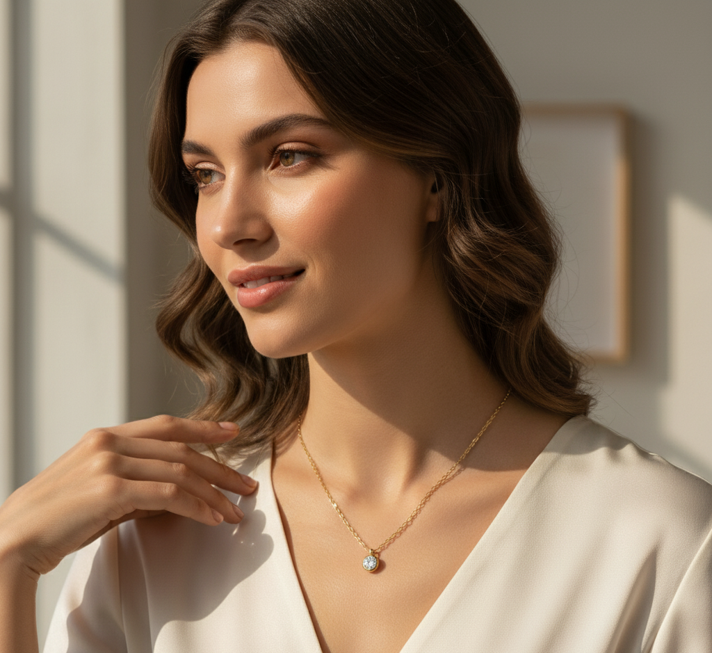 Model wearing Solitaire Pendant Chain