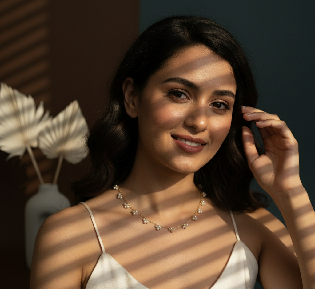 Model wearing Double Pearl Chain