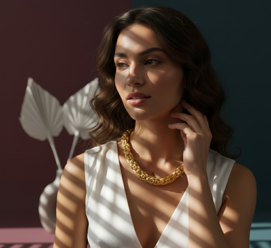 Model wearing Multi Layered Gold Chains