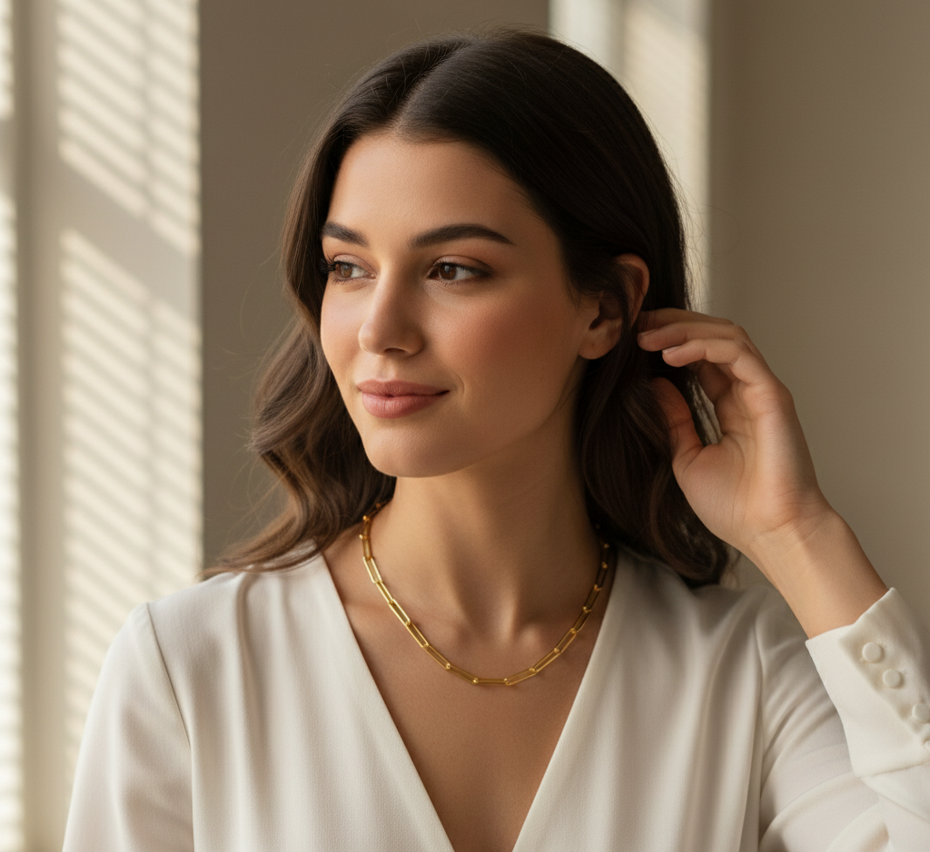 Model wearing Paper Clip Chain