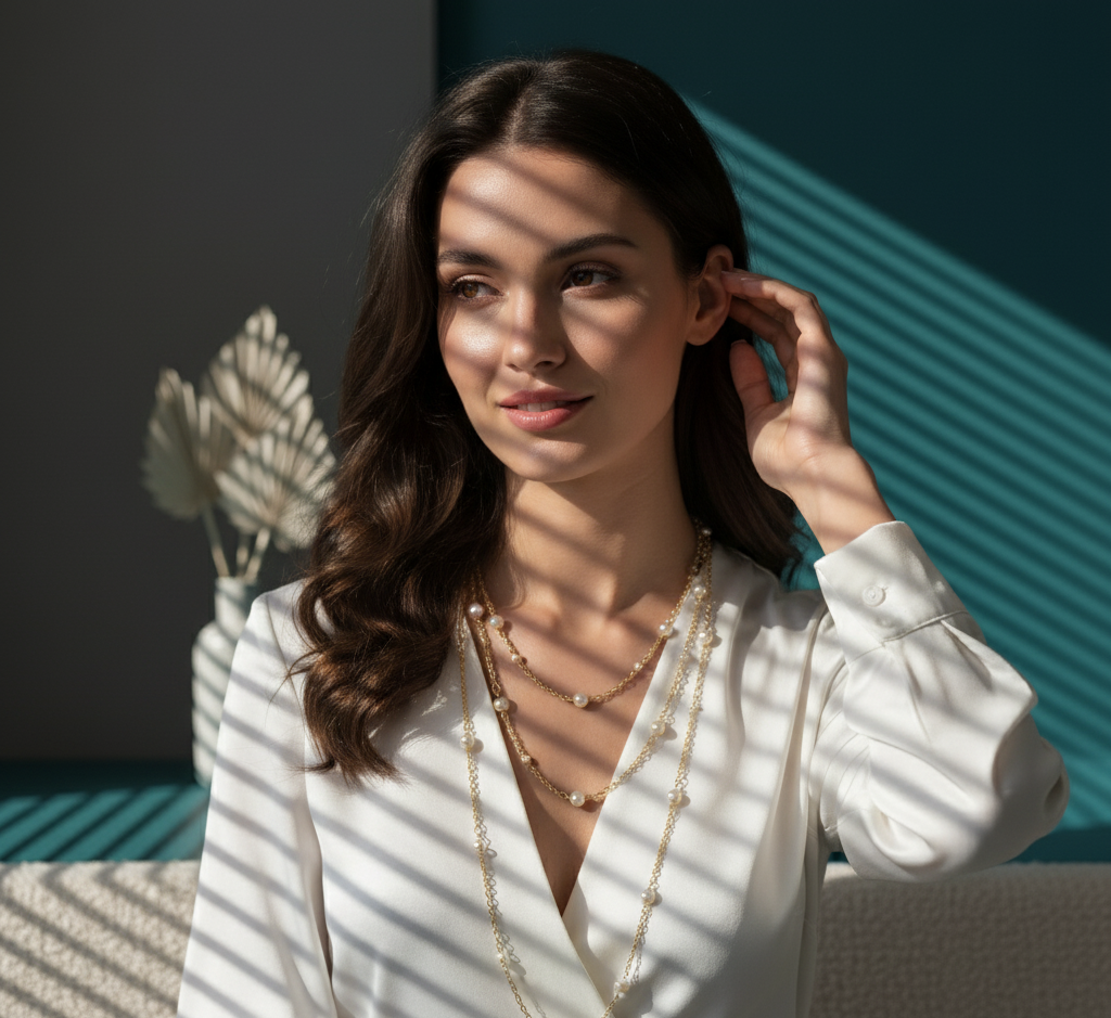 Model wearing Pearl Drop Chain