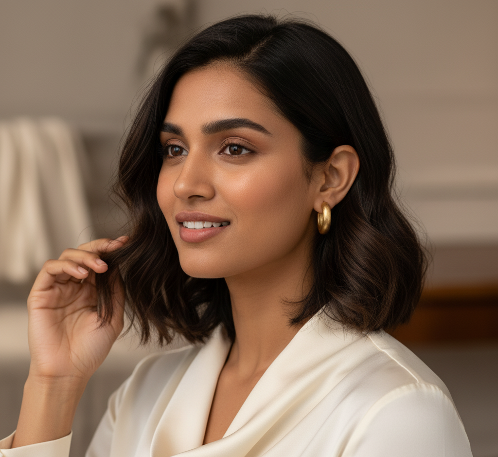 Model wearing Classic Gold Hoops