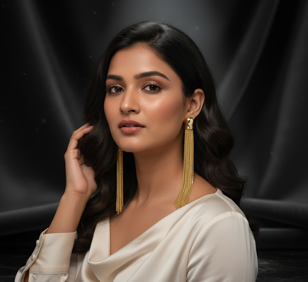 Model wearing Gold Tassel Earrings