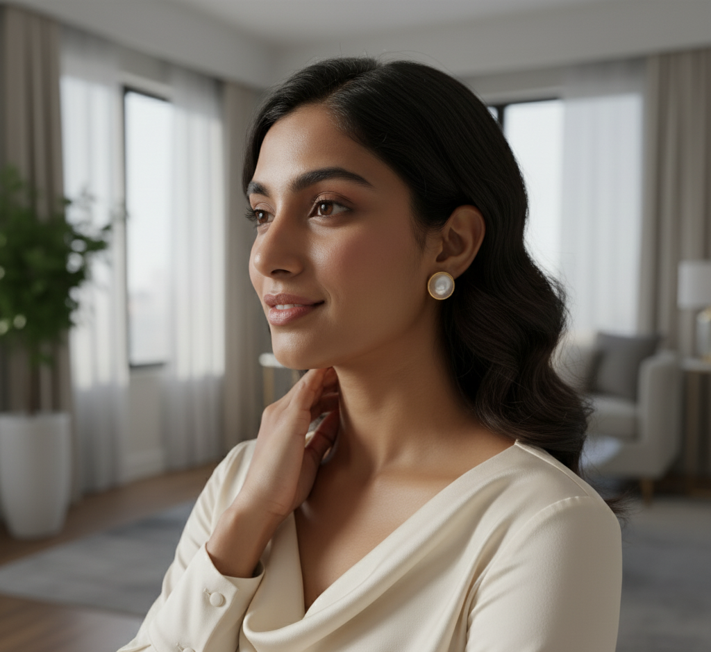 Model wearing Pearl Stud Earrings