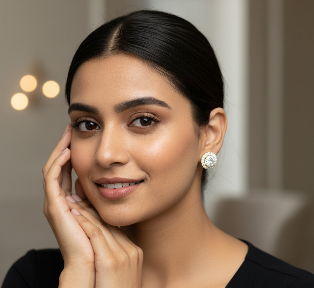 Model wearing Diamond Halo Studs