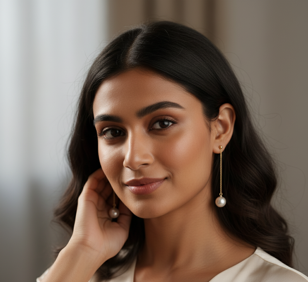 Model wearing Pearl Drop Earrings