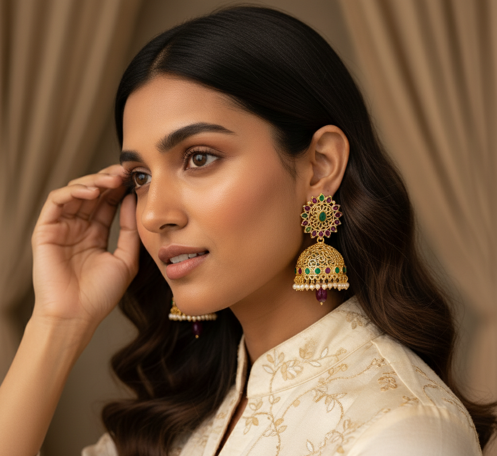 Model wearing Jhumka Earrings