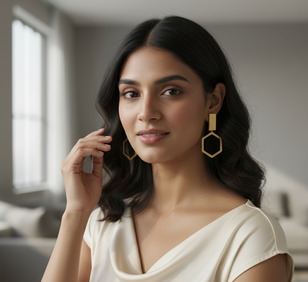 Model wearing Geometric Drop Earrings