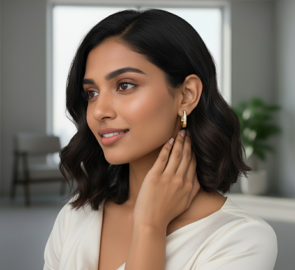 Model wearing Diamond Huggie Hoops