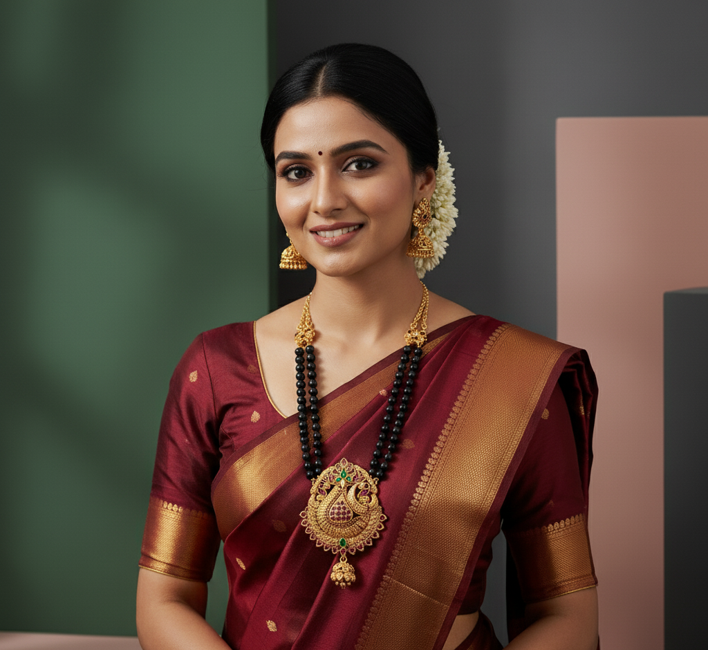 Model wearing Antique Peacock Mangalsutra