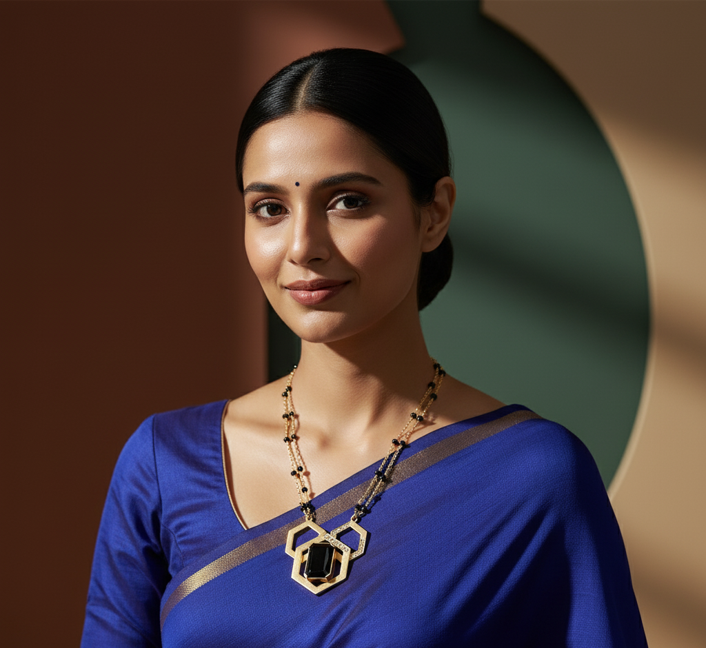 Model wearing Geometric Black Stone Mangalsutra