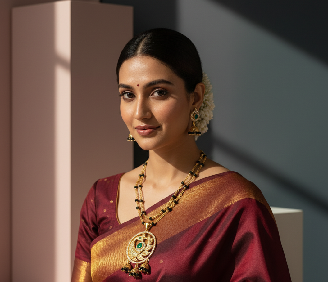 Model wearing Ethnic Coin Mangalsutra