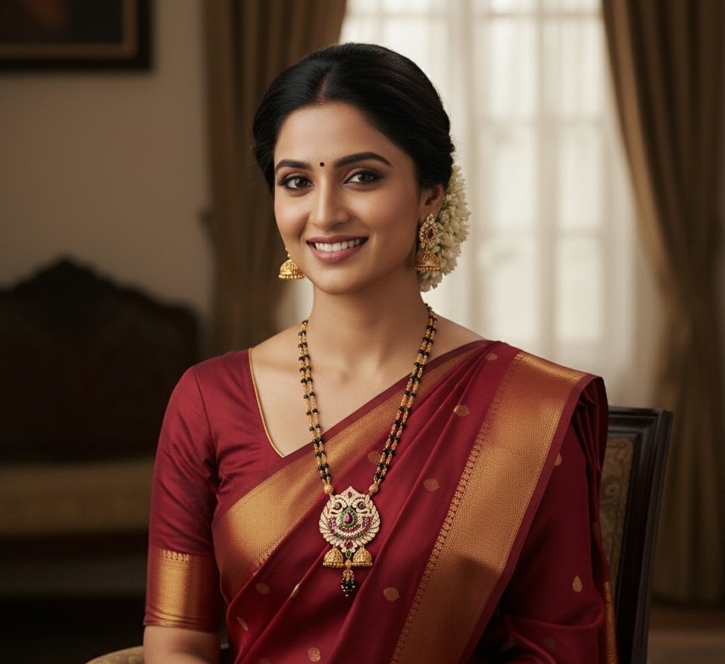 Model wearing Peacock Motif Mangalsutra