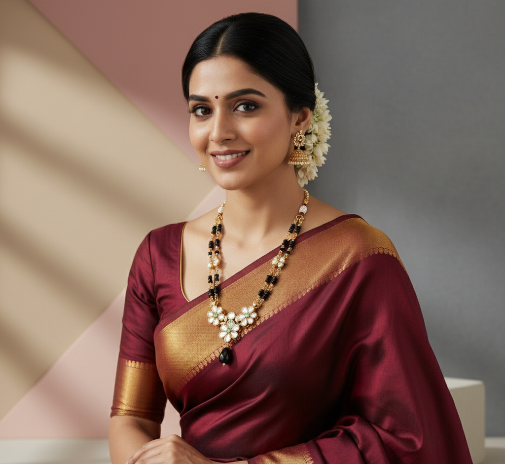 Model wearing Floral V-Shape Mangalsutrae