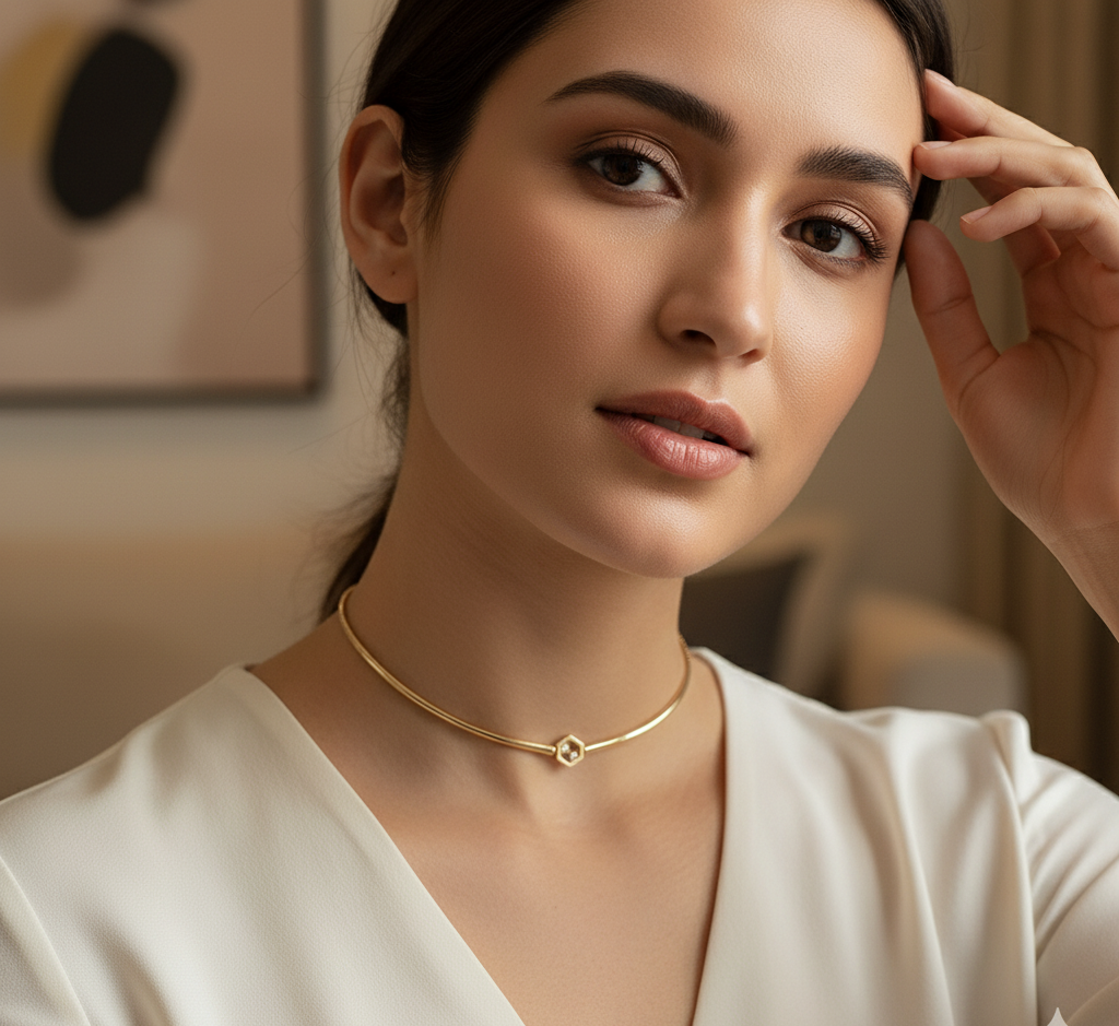 Model wearing Minimal Hexagon Choker