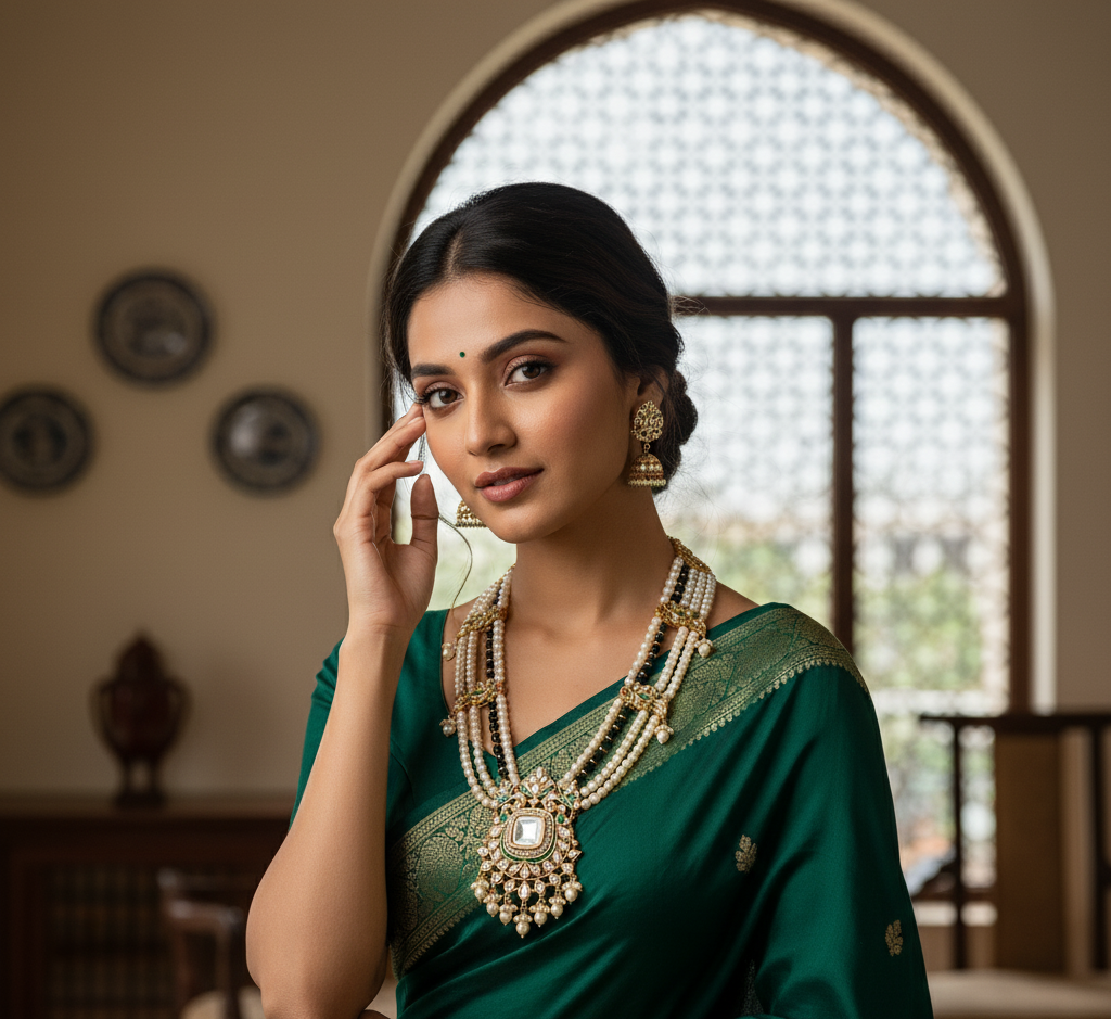 Model wearing Jadau Pearl Pendant Necklace
