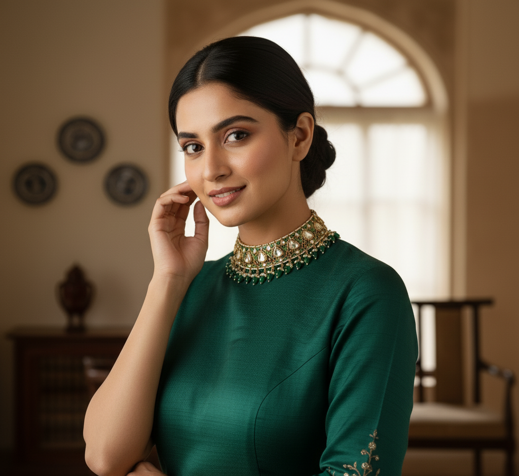 Model wearing Emerald Kundan Choker