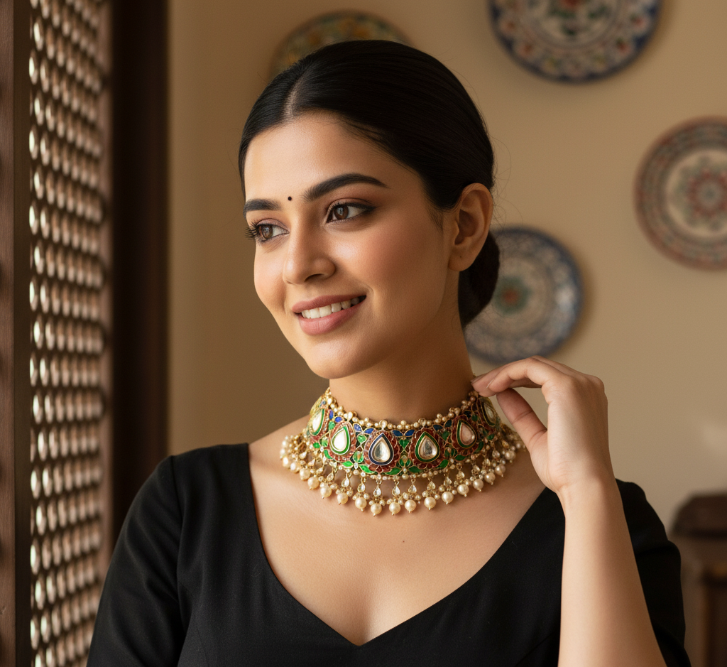 Model wearing Royal Enamel Chokere