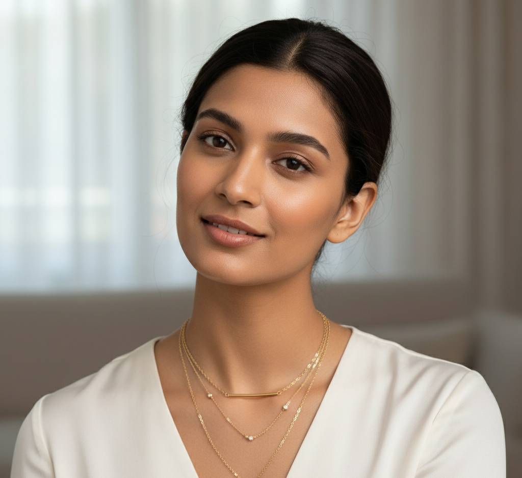 Model wearing Layered Bar & Disc Necklace