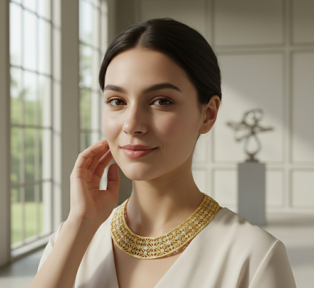 Model wearing FFiligree Gold Collar Necklace