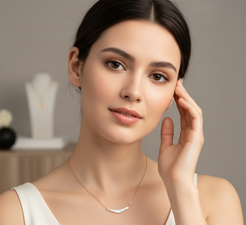 Model wearing Diamond Bar Pendant Necklace
