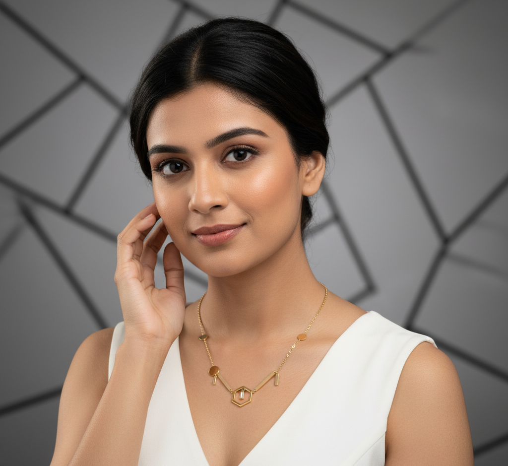 Model wearing Modern Geometric Necklace
