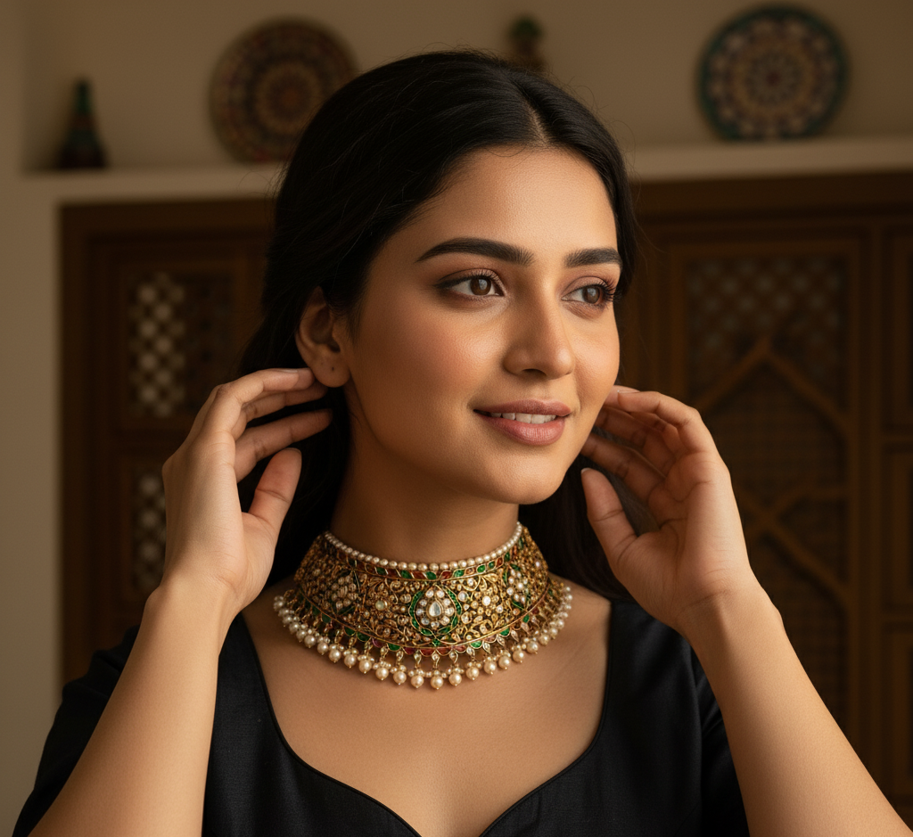 Model wearing Antique Kundan Choker
