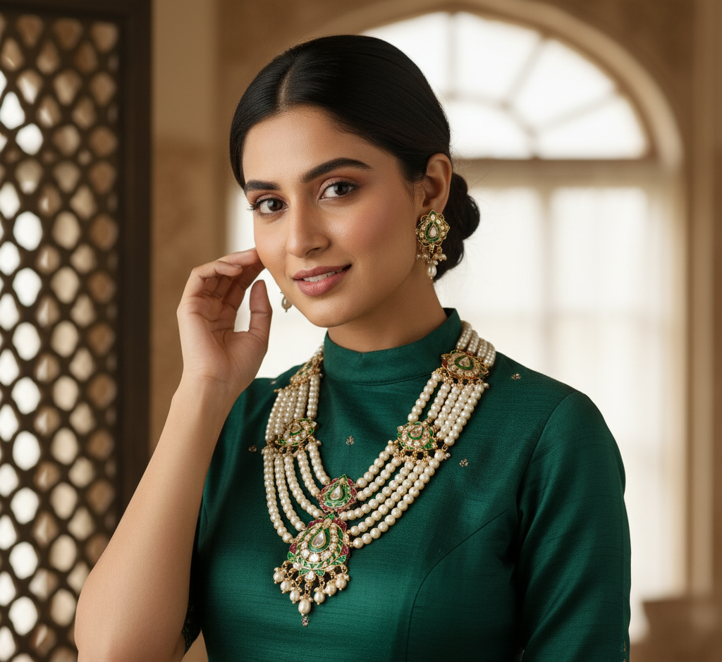 Model wearing Multi-Row Pearl Kundan Necklace