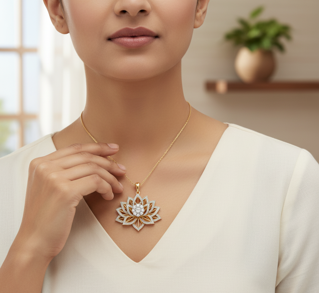 Model wearing Lotus Diamond Pendant