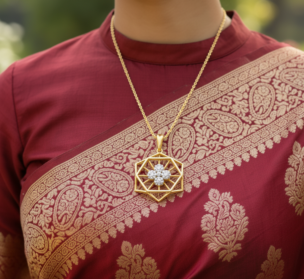 Model wearing Geometric Blossom Pendant