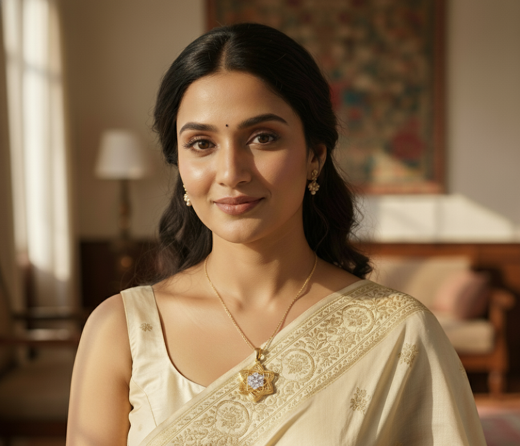 Model wearing Lattice Flower Diamond Pendant