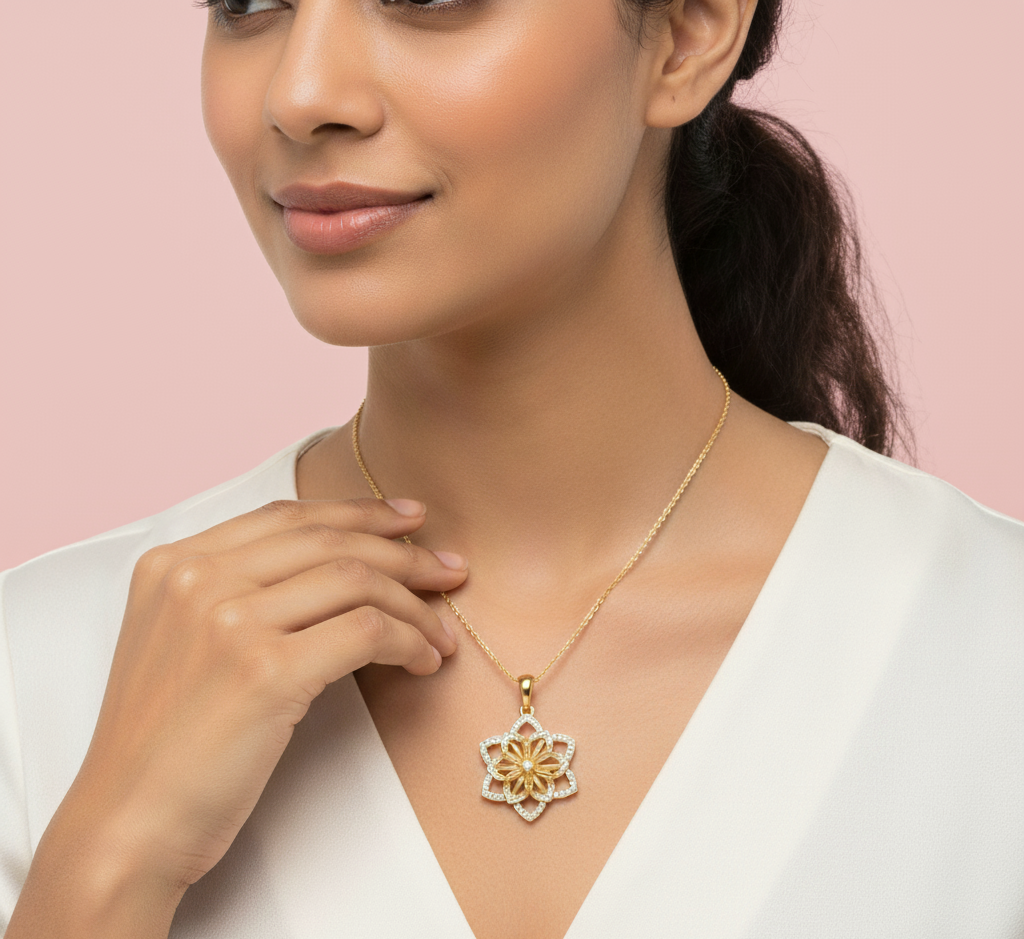 Model wearing Petite Floral Pendant