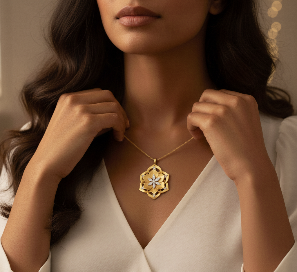 Model wearing Art Deco Halo Pendant