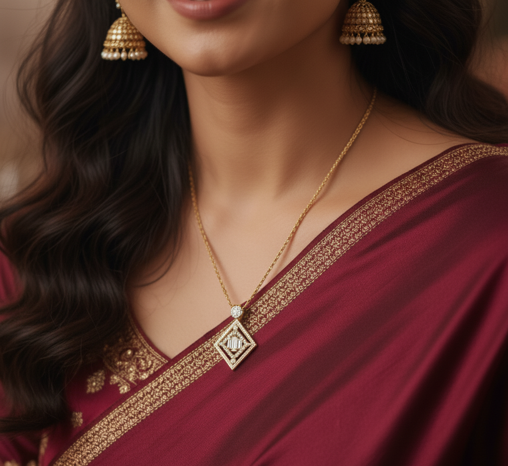 Model wearing Dual Layer Lotus Pendant