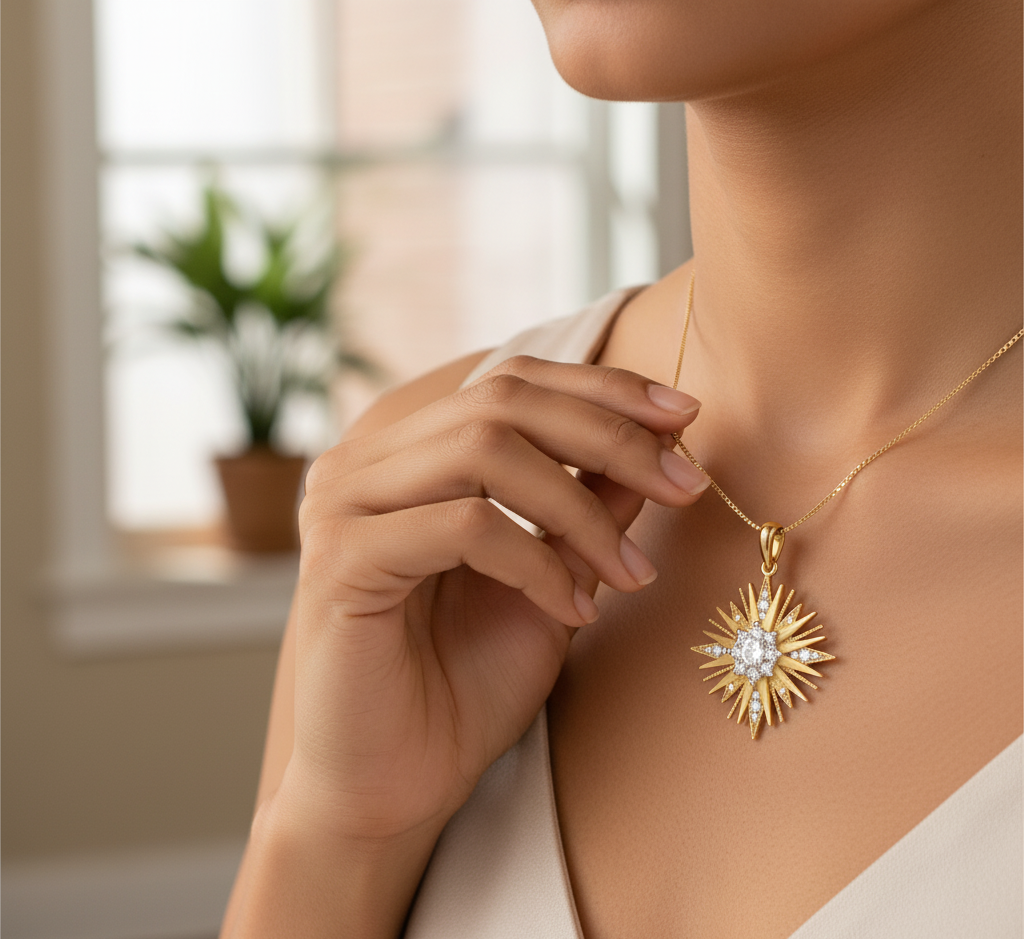 Model wearing Sunburst Diamond Pendant