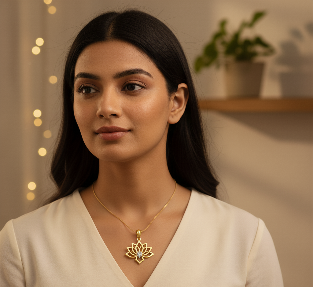 Model wearing Lotus Petal Diamond Pendant