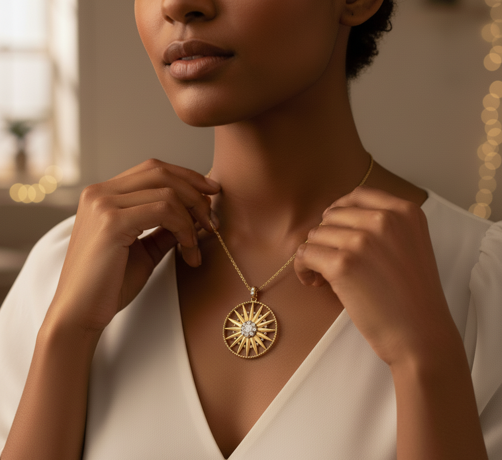 Model wearing Sunburst Solitaire Pendant