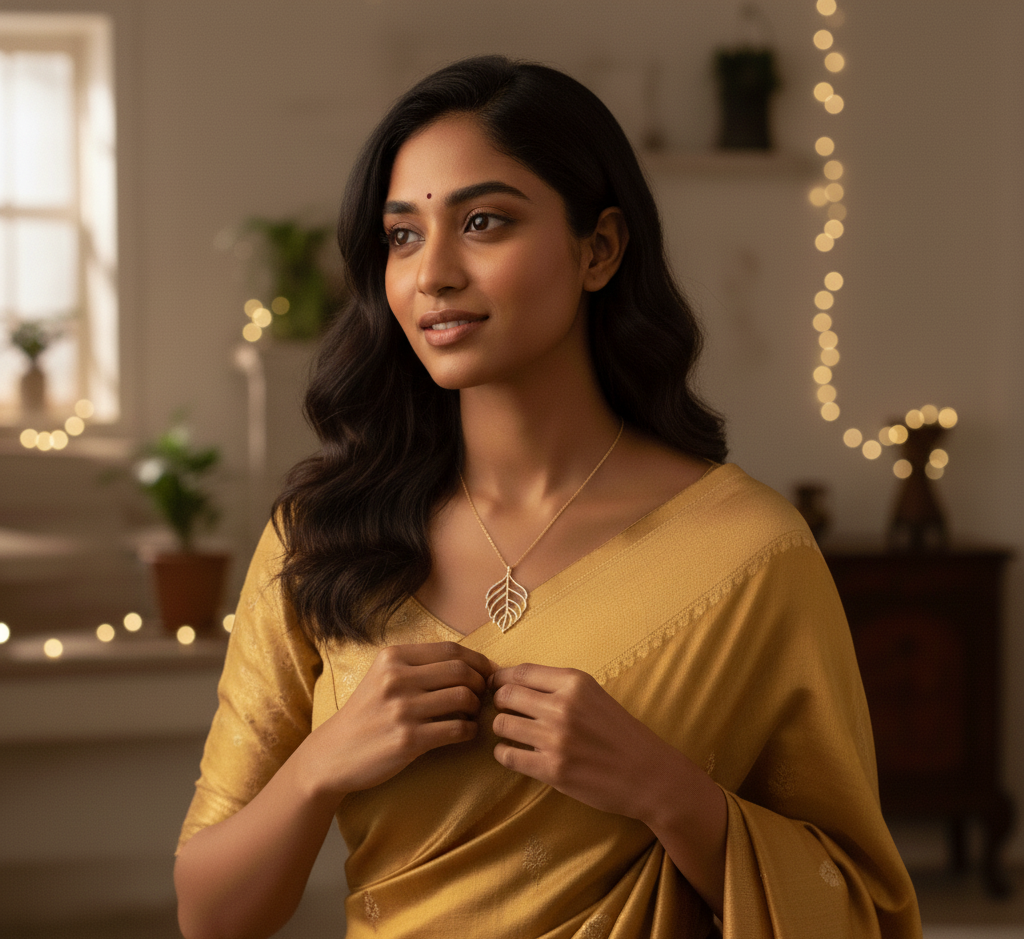 Model wearing Leaf Diamond Pendant
