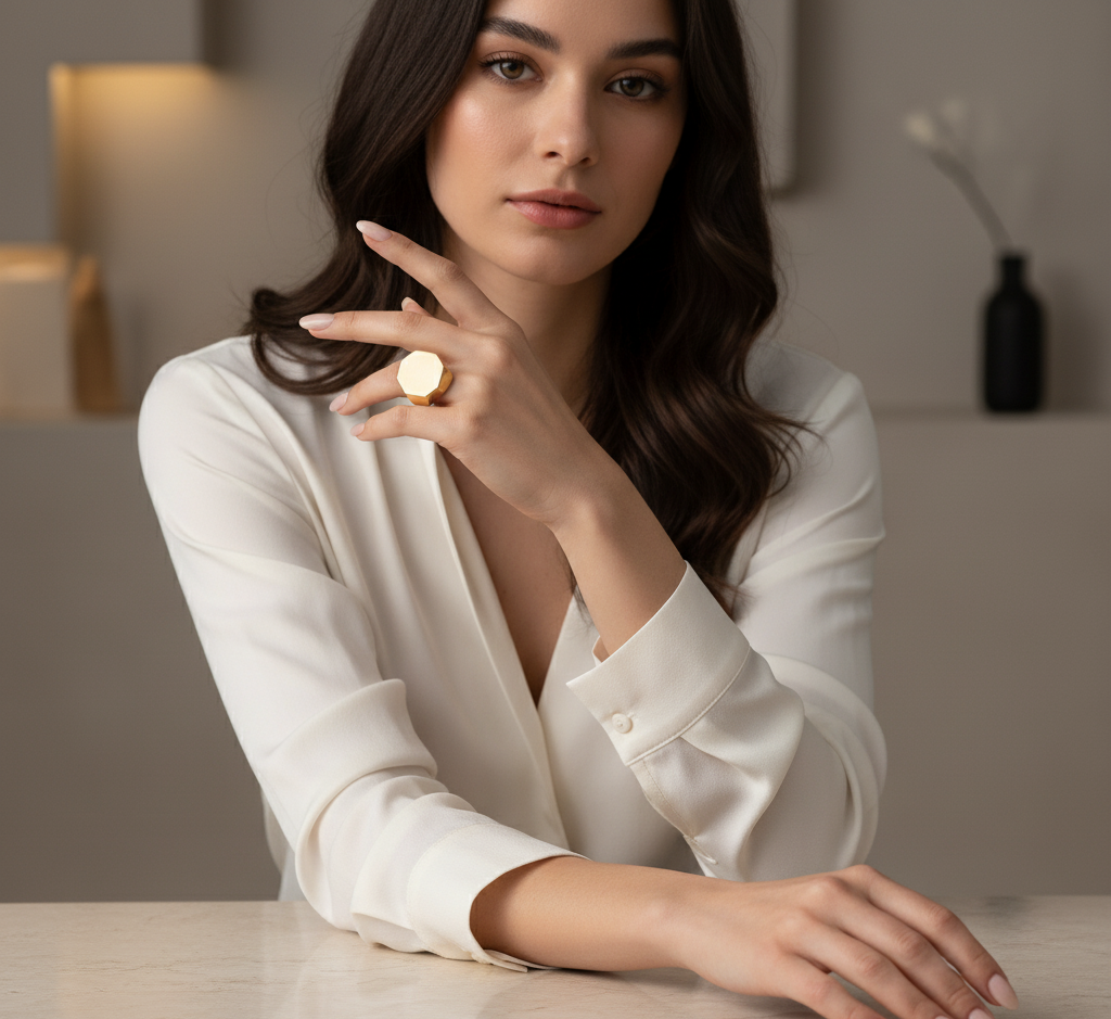 Model wearing Octagon Gold Signet Ring