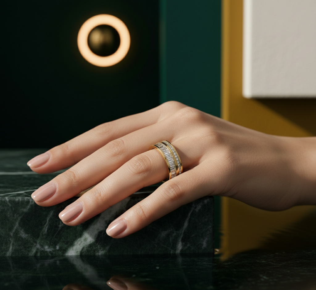 Model wearing Double Baguette Diamond Band