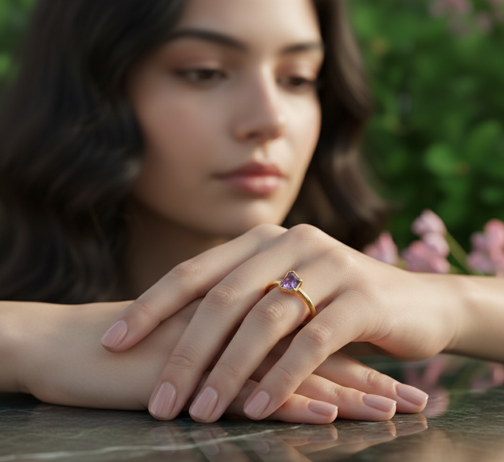 Model wearing Amethyst Gold Solitaire Ring