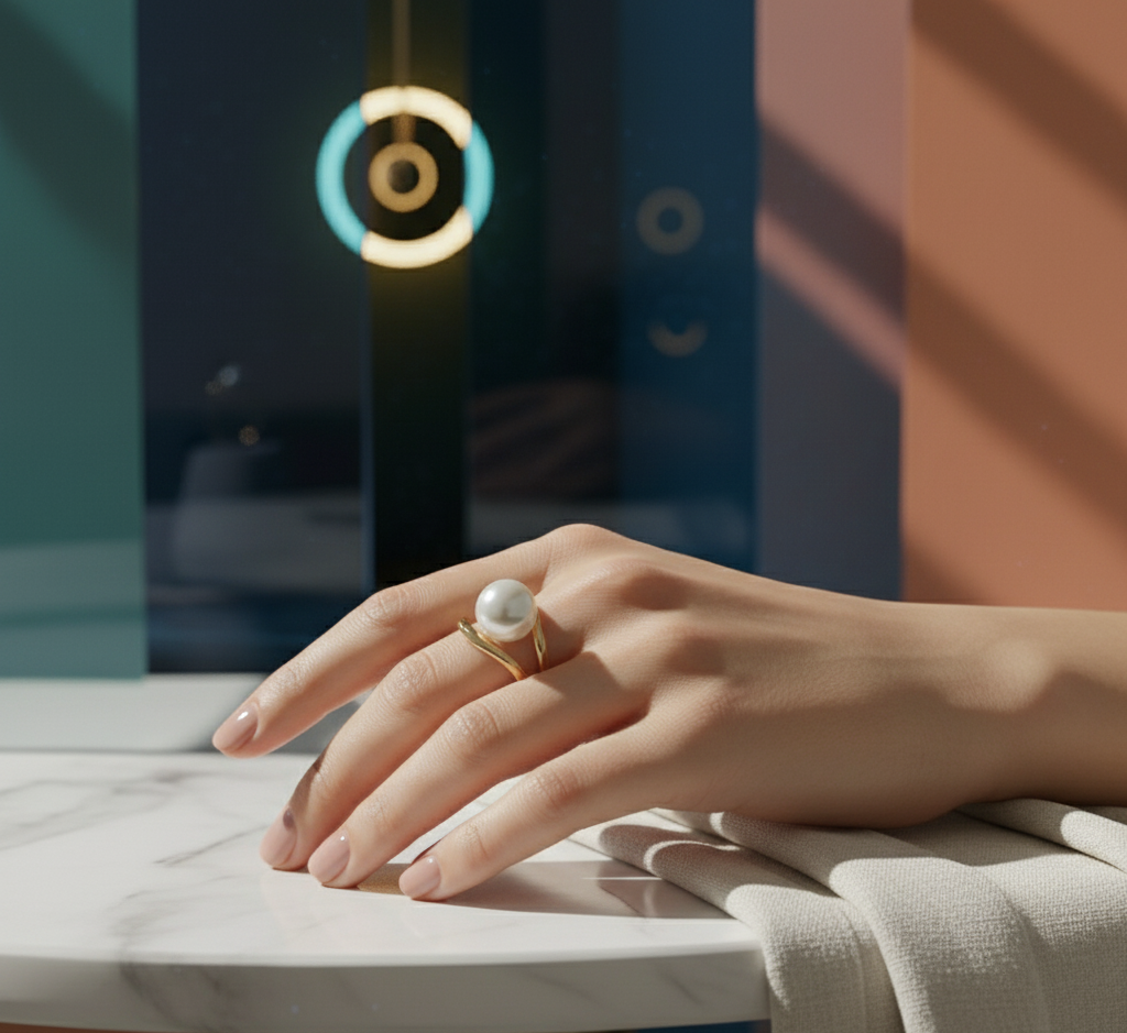 Model wearing Pearl Accent Gold Ring