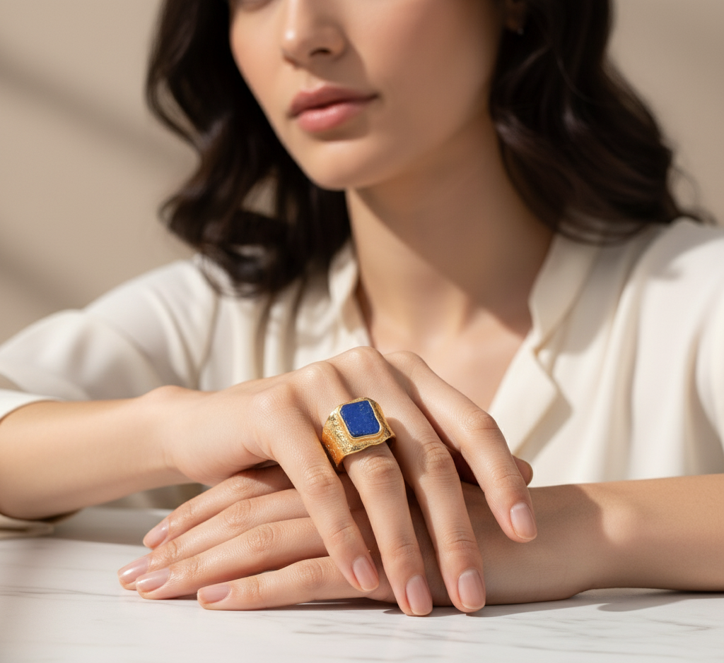 Model wearing Lapis Lazuli Statement Ringe