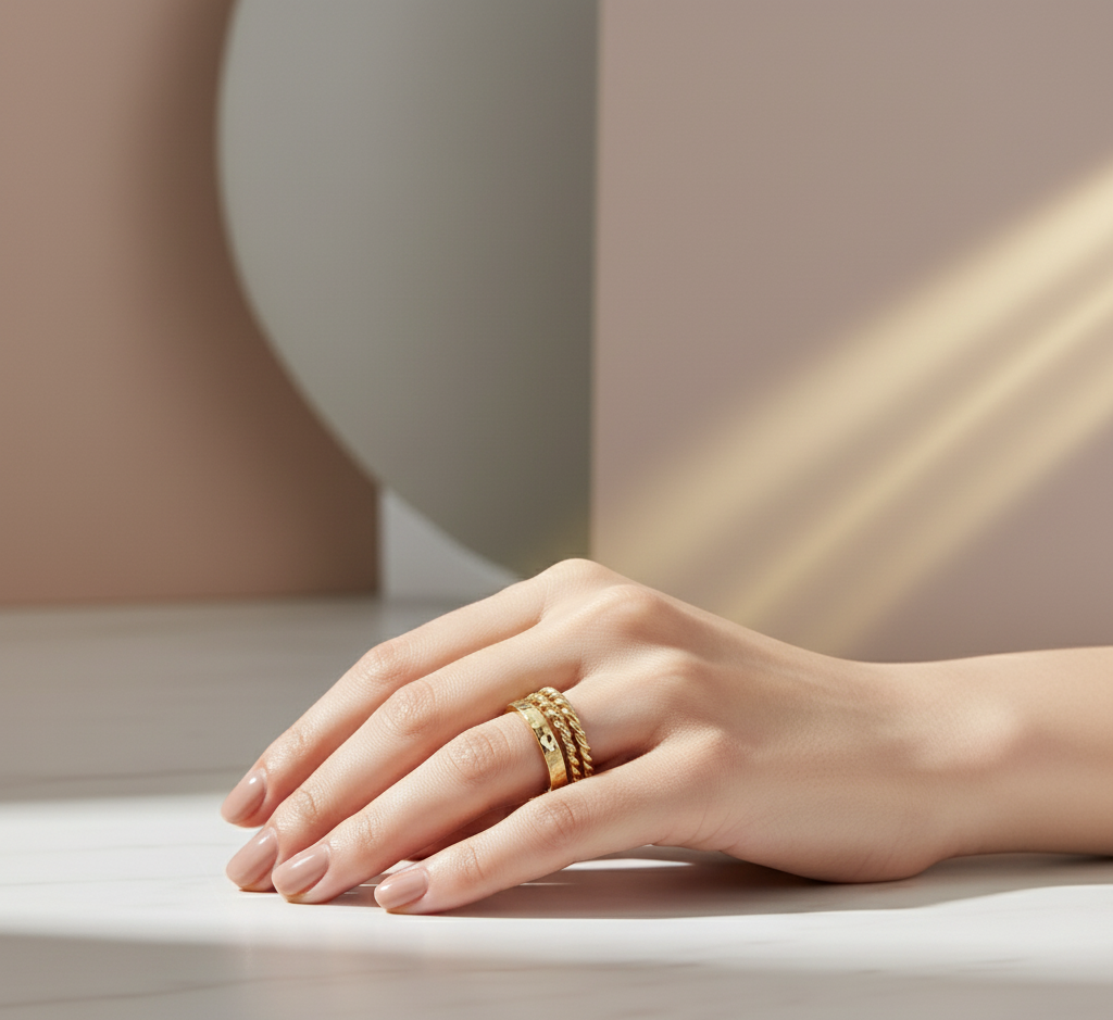 Model wearing Stackable Gold Bands