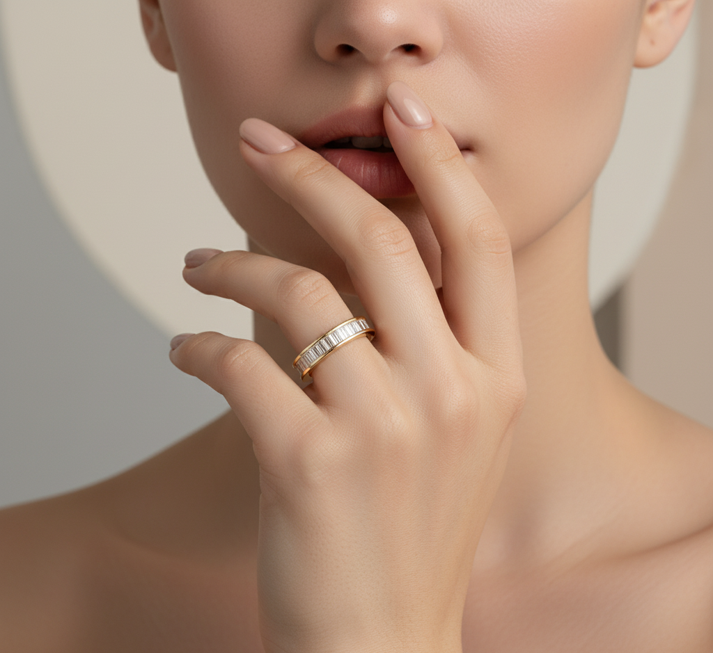 Model wearing Single Baguette Eternity Band